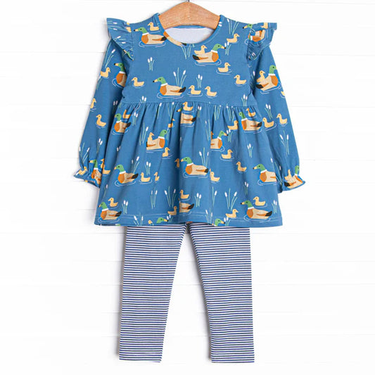 presale GLP2697 Baby Girls Blue Ducks Plaid Tunic Stripe Legging Pant Set D 8.9