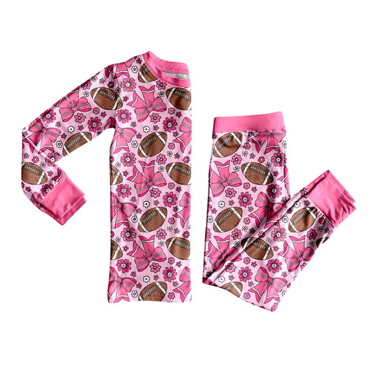 presale GLP2699 Baby Girls Pink Bows Flowers Football Top Pant Team Pajamas Set D 8.9