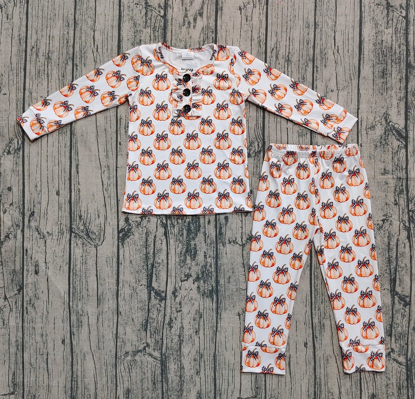 GLP2700 Baby Girls Bows Pumpkins Plaid Button Top Pant Fall Pajamas Set D 920