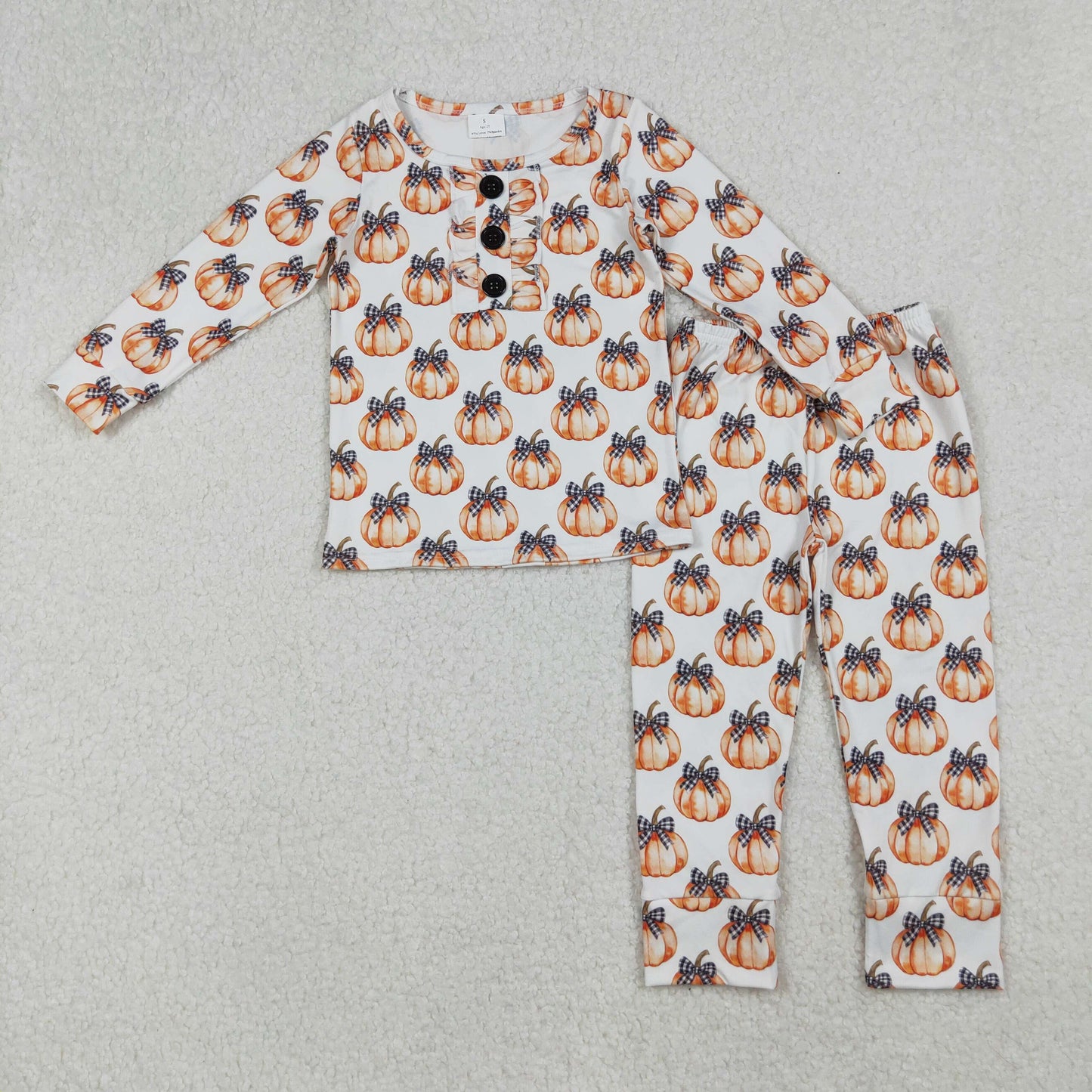 GLP2700 Baby Girls Bows Pumpkins Plaid Button Top Pant Fall Pajamas Set D 920