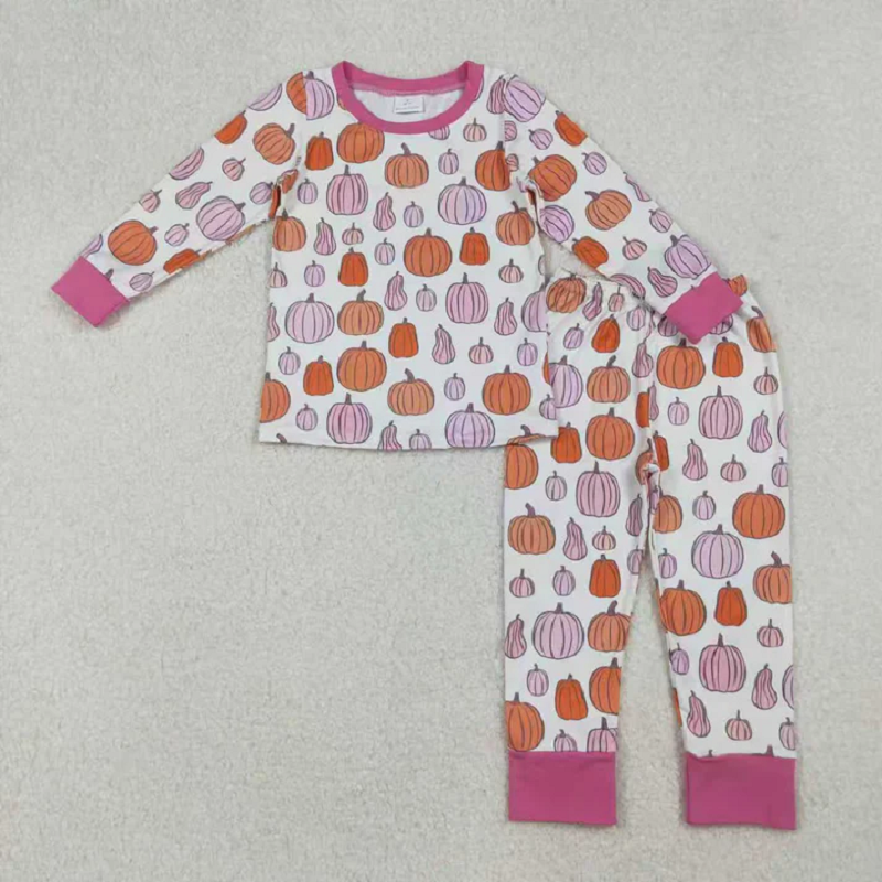 Sibling Baby Girls Pink Pumpkins Fall Pajamas Sets Ruffle Zipper Footie Rompers  D 920