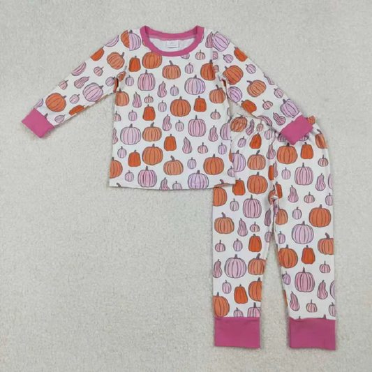 Sibling Baby Girls Pink Pumpkins Fall Pajamas Sets Ruffle Zipper Footie Rompers  D 920