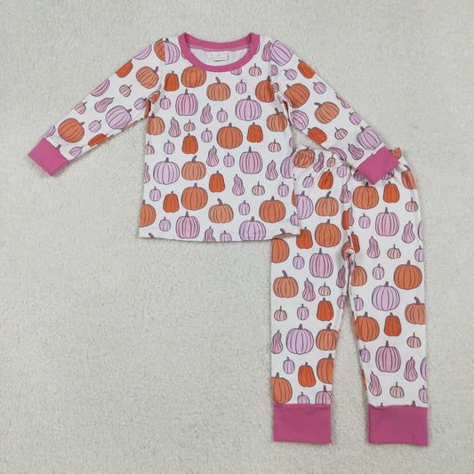 GLP2702 Baby Girls Colorful Pumpkins Plaid Top Pant Fall Pajamas Set D 922