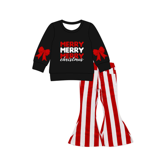 presale GLP2703 Baby Girls Black Merry Christmas Top Stripe Denim Pants Clothes Set   D 815