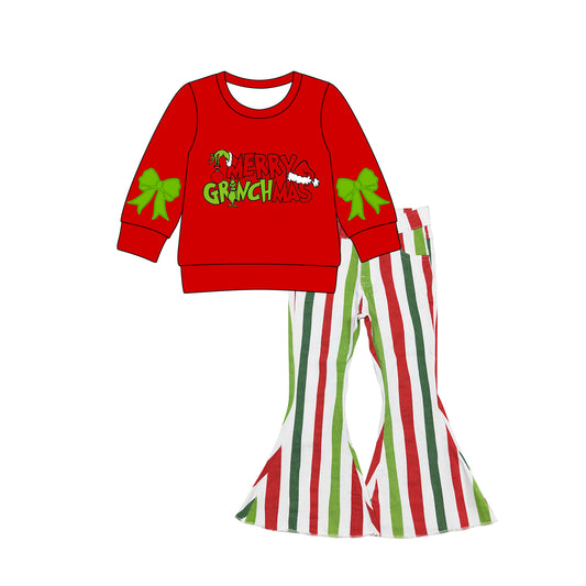 presale GLP2704 Baby Girls Red Merry Christmas Green Face Top Stripe Denim Pants Clothes Set D 815
