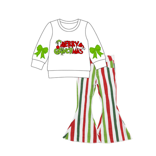 presale GLP2705 Baby Girls Merry Christmas Green Face Top Stripe Denim Pants Clothes Set D 815