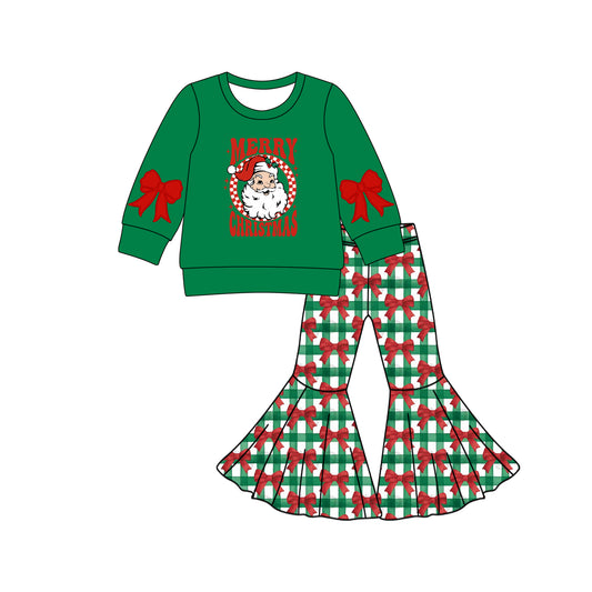 Custom Baby Girls Green Santa Merry Christmas Top Bows Plaid Bell Bottom Pant Set  D 815