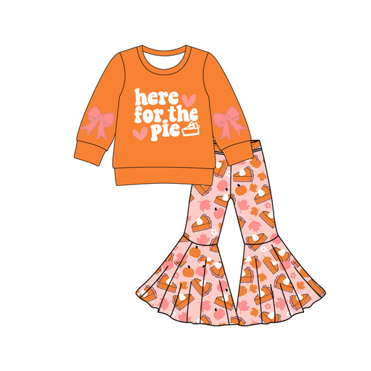 presale GLP2707 Baby Girls Orange Here For The Pie Top Bell Bottom Pants Thanksgiving Set D 815