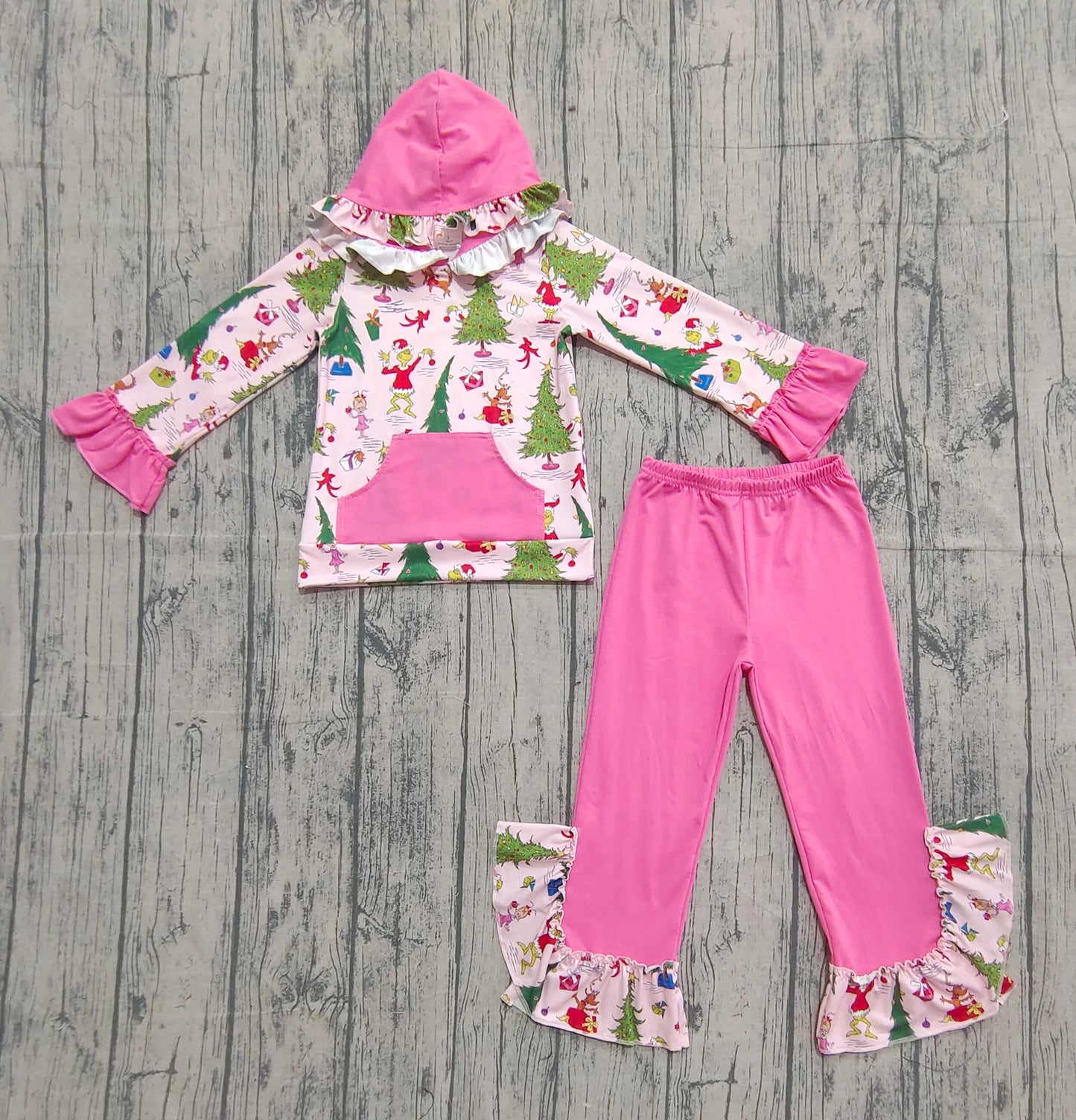presale GLP2709 Baby Girls Green Faces Christmas Trees Pocket Hoodie Ruffle Flame Pant Set D 922