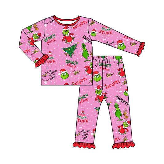 presale GLP2710  Baby Girls Christmas Trees Green Face Top Ruffle Pant Pajamas Set D 815