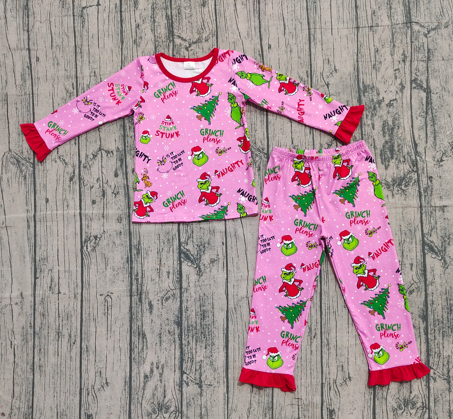 GLP2710  Baby Girls Christmas Trees Green Face Top Ruffle Pant Pajamas Set D 922