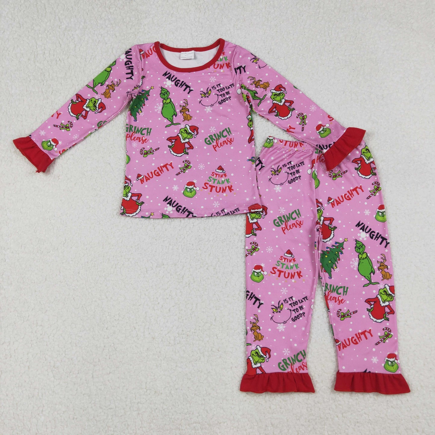 GLP2710  Baby Girls Christmas Trees Green Face Top Ruffle Pant Pajamas Set