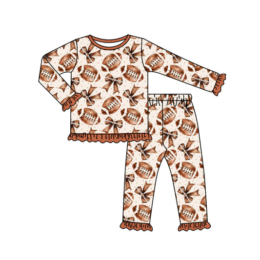presale GLP2712  Baby Girls Footballs Bows Plaid Top Ruffle Pant Team Pajamas Set  D 816