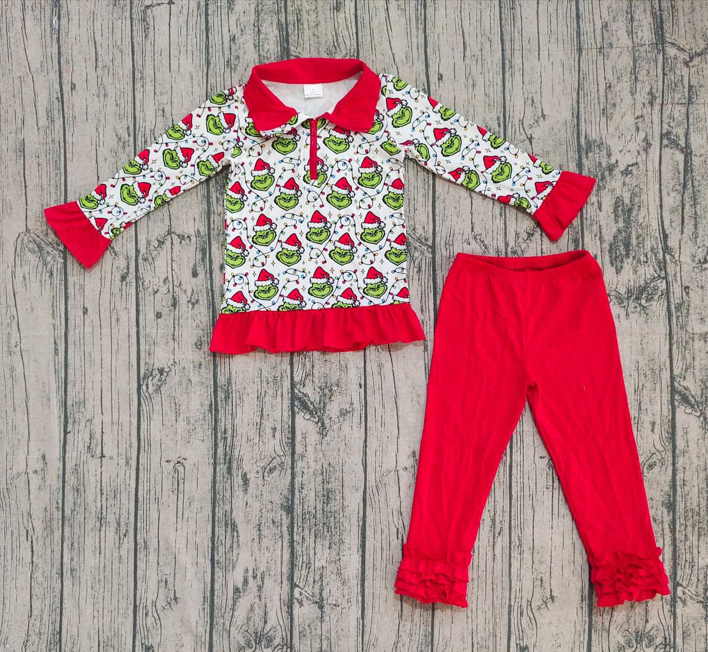GLP2714 Baby Girls Christmas Lights Green Faces Plaid Zipper Pullover Legging Pants Set D 1022