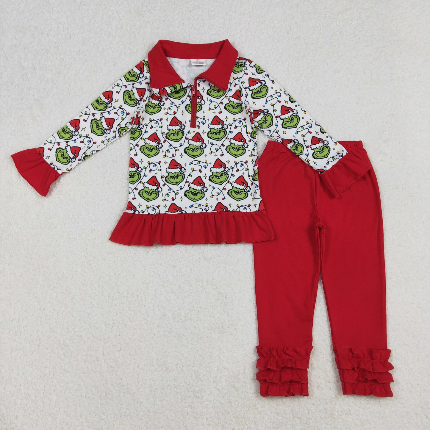 GLP2714 Baby Girls Christmas Lights Green Faces Plaid Zipper Pullover Legging Pants Set