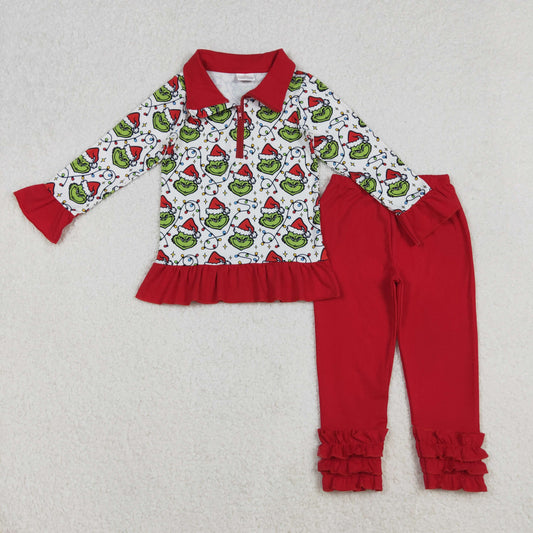 GLP2714 Baby Girls Christmas Lights Green Faces Plaid Zipper Pullover Legging Pants Set D 1022