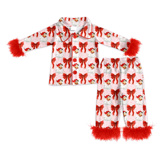 presale GLP2715 Adult Women's Santa Claus Red Bow Pattern Plush Trim Long Sleeve Long Pants Pajama Set  D 818