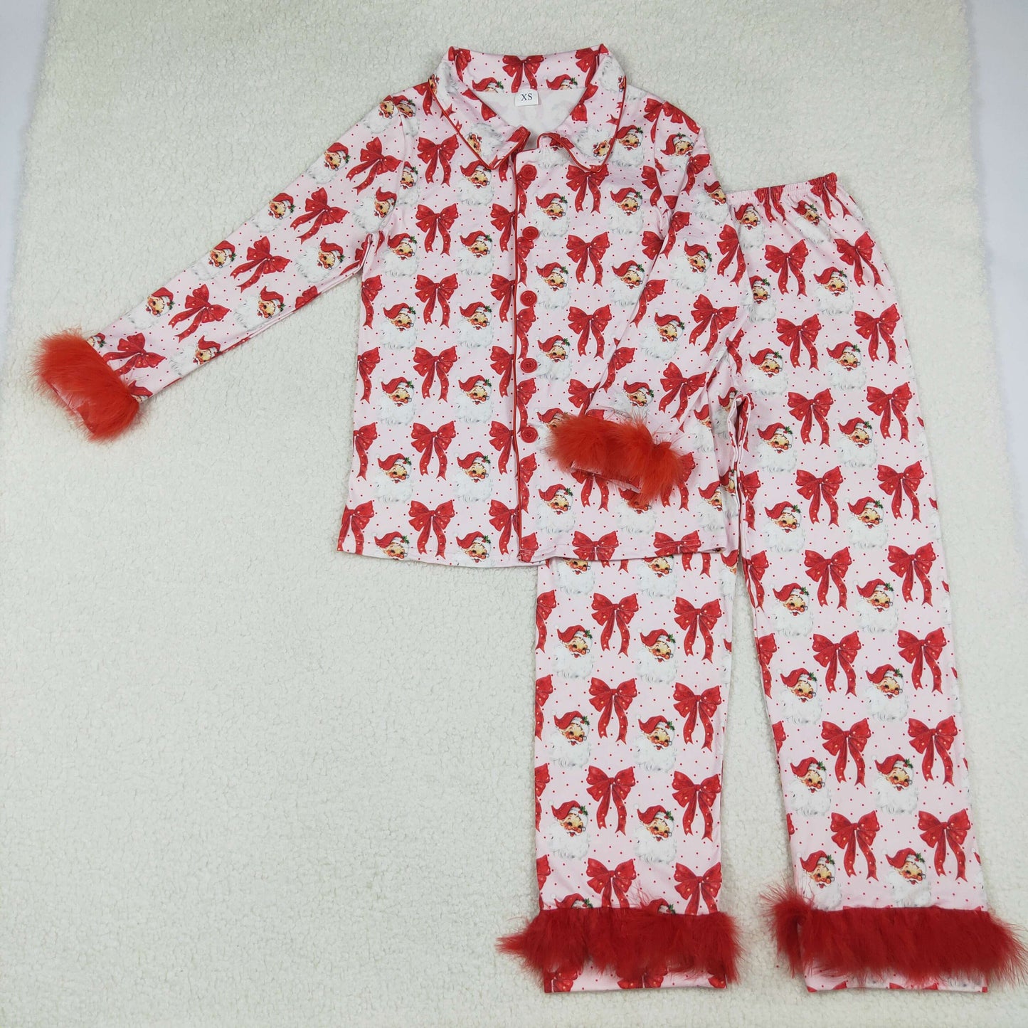 GLP2715  Adult Women Red Bows Santa Plaid Button Top Pants Christmas Fur Pajamas Set D 830