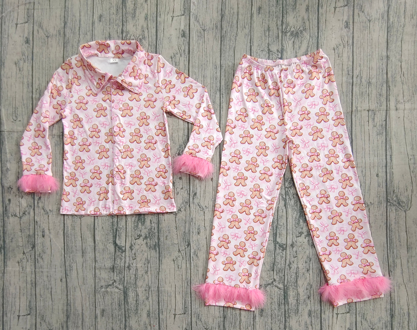 GLP2716  Adult Women's Gingerbread Man Pink Bow Pattern Plush Trim Long Sleeve Pants Pajama Set D 101