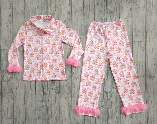 presale GLP2716  Adult Women's Gingerbread Man Pink Bow Pattern Plush Trim Long Sleeve Pants Pajama Set D 818