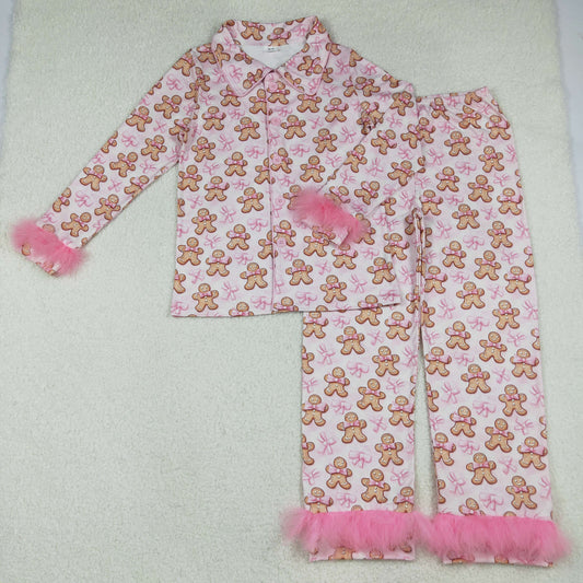 GLP2716  Adult Women's Gingerbread Man Pink Bow Pattern Plush Trim Long Sleeve Pants Pajama Set D 101