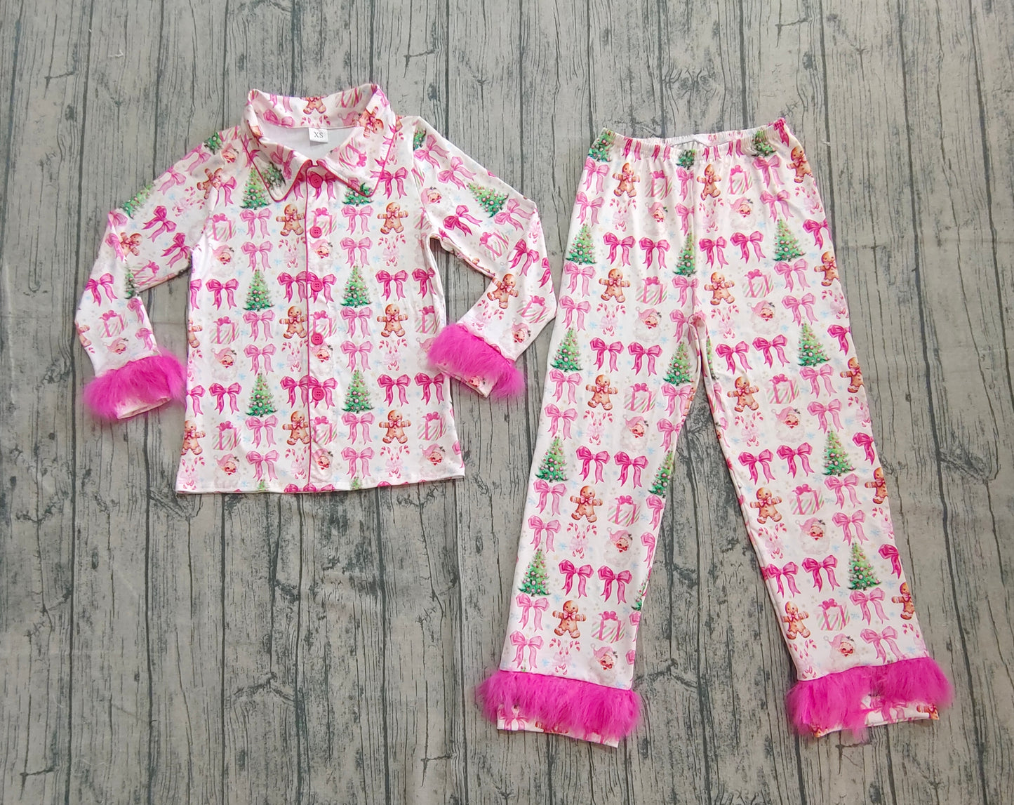 GLP2717 Adult women's gingerbread man Christmas tree bow pattern pink plush trim long sleeve pajamas D 926
