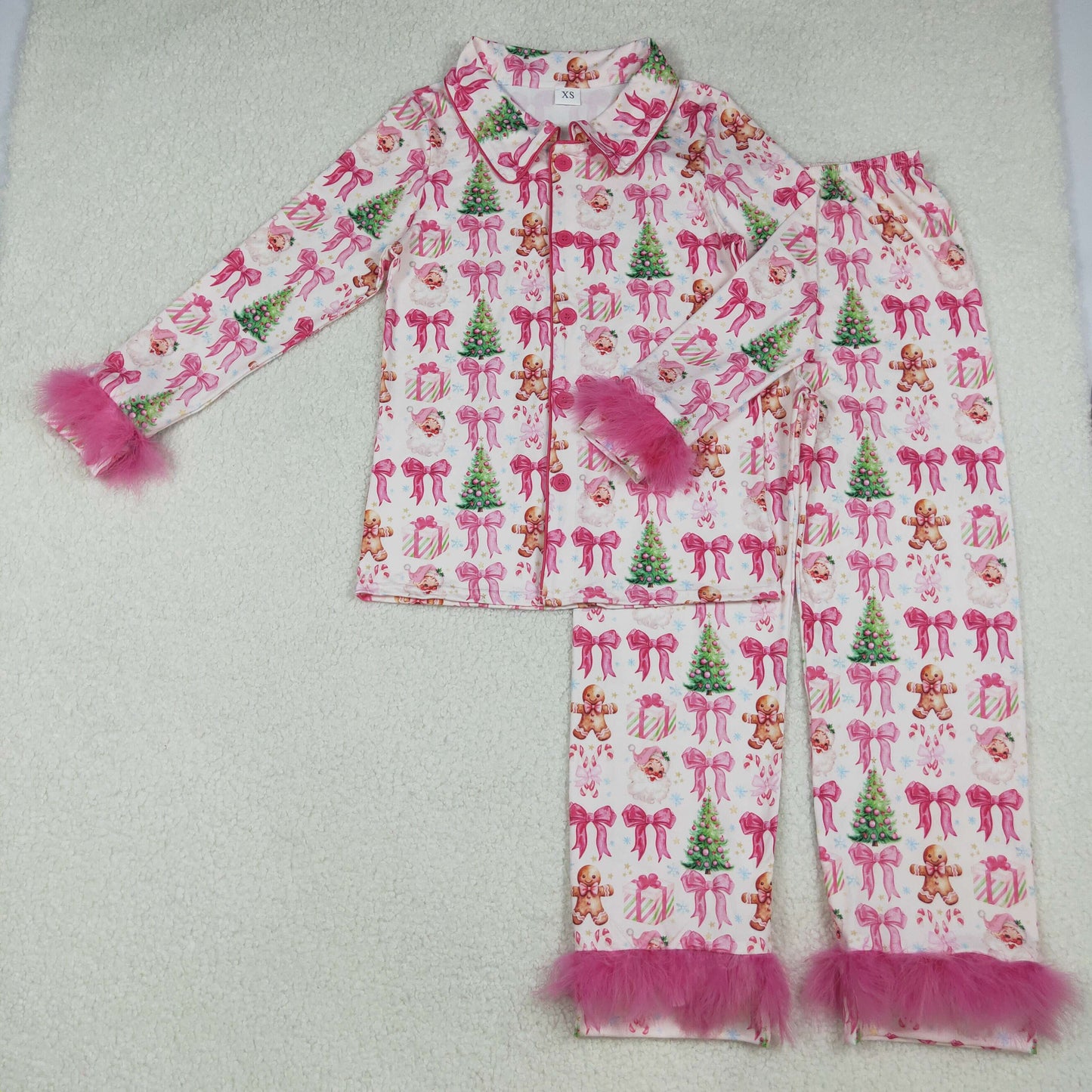 GLP2717 Adult women's gingerbread man Christmas tree bow pattern pink plush trim long sleeve pajamas D 926