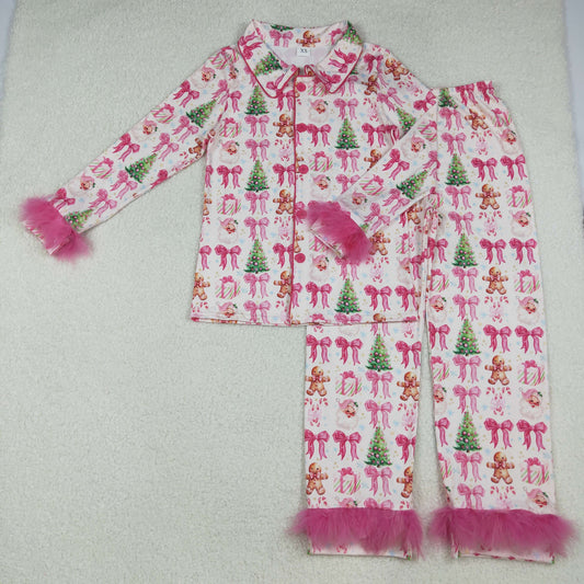 GLP2717 Adult women's gingerbread man Christmas tree bow pattern pink plush trim long sleeve pajamas D 926