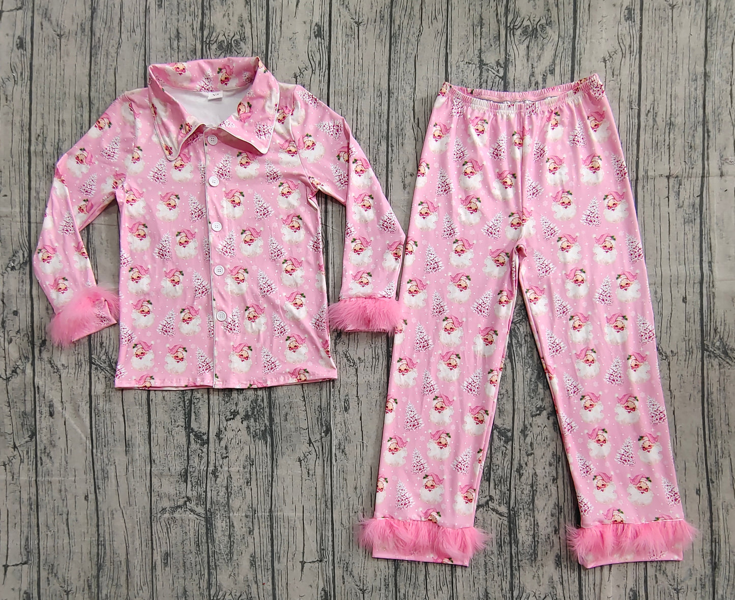 GLP2718 Adult Women's Santa Claus Tree Snowflake Plush Trim Pink Long Sleeve Long Pants Pajama Set D 1020