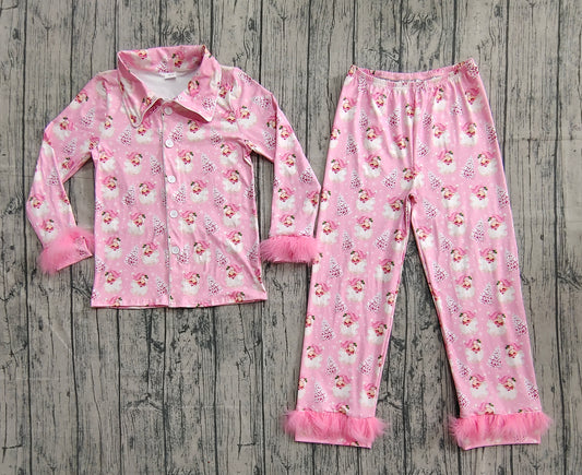 presale GLP2718 Adult Women's Santa Claus Tree Snowflake Plush Trim Pink Long Sleeve Long Pants Pajama Set D 818