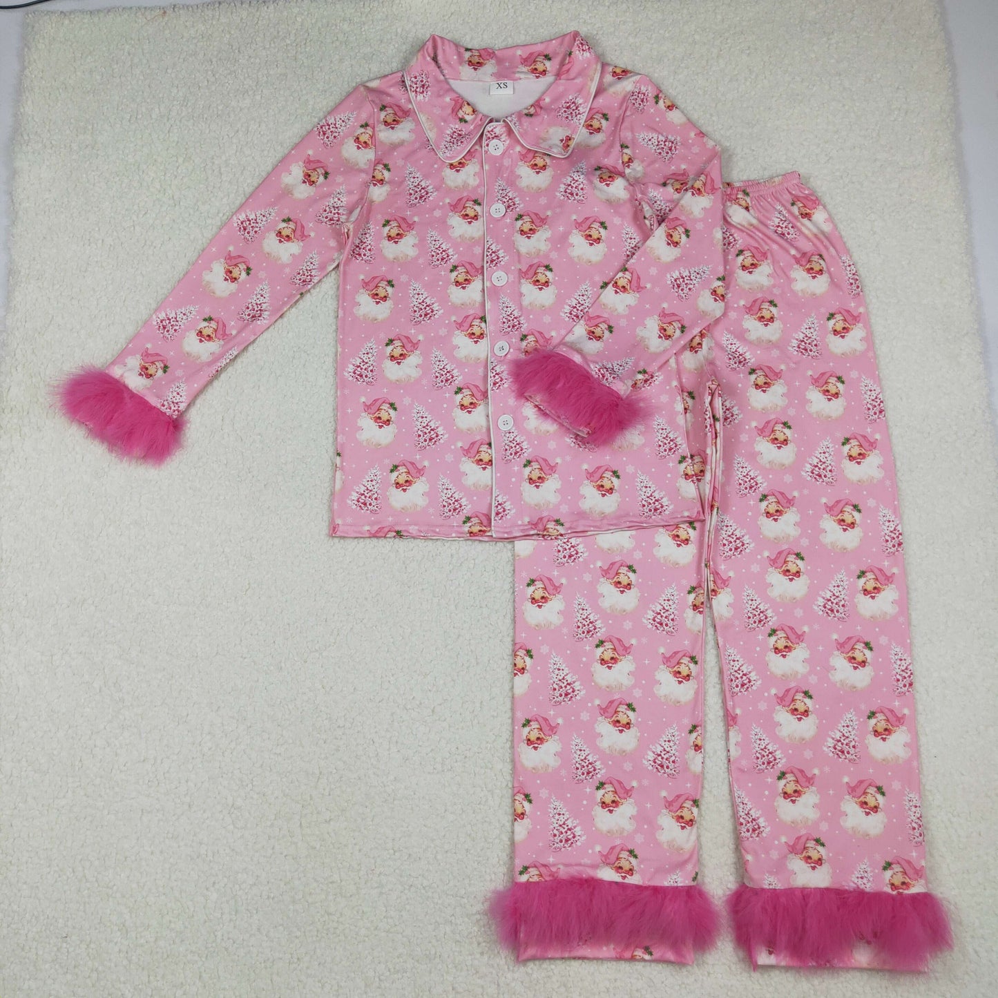 Mommy And Me Pink Fur Sleeve Santa Trees Button Top Pant Christmas Pajamas Set D 1020
