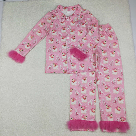 GLP2718 Adult Women's Santa Claus Tree Snowflake Plush Trim Pink Long Sleeve Long Pants Pajama Set D 1020