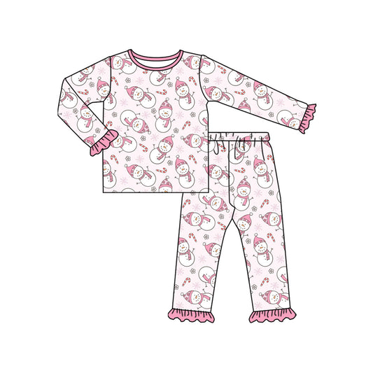 presale GLP2719  Christmas Candy Cane Snowman Pink Long Sleeve Long Pants Pajama Set  D 818