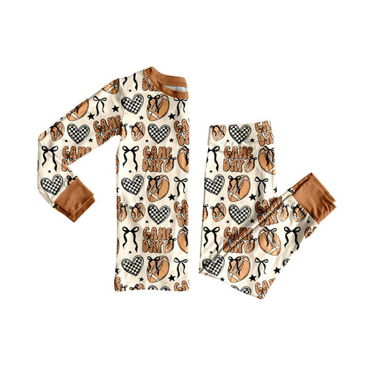presale GLP2720 Game Day Bow Pattern Rugby Plaid Heart Long-Sleeved Pants Pajama Set  D 818