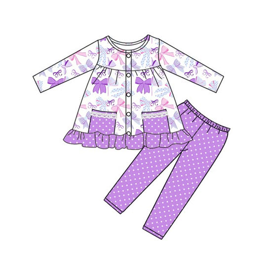 presale GLP2722 Purple Bow Pattern Polka Dot Lace Pocket Button Long Sleeve Pants Set D 818