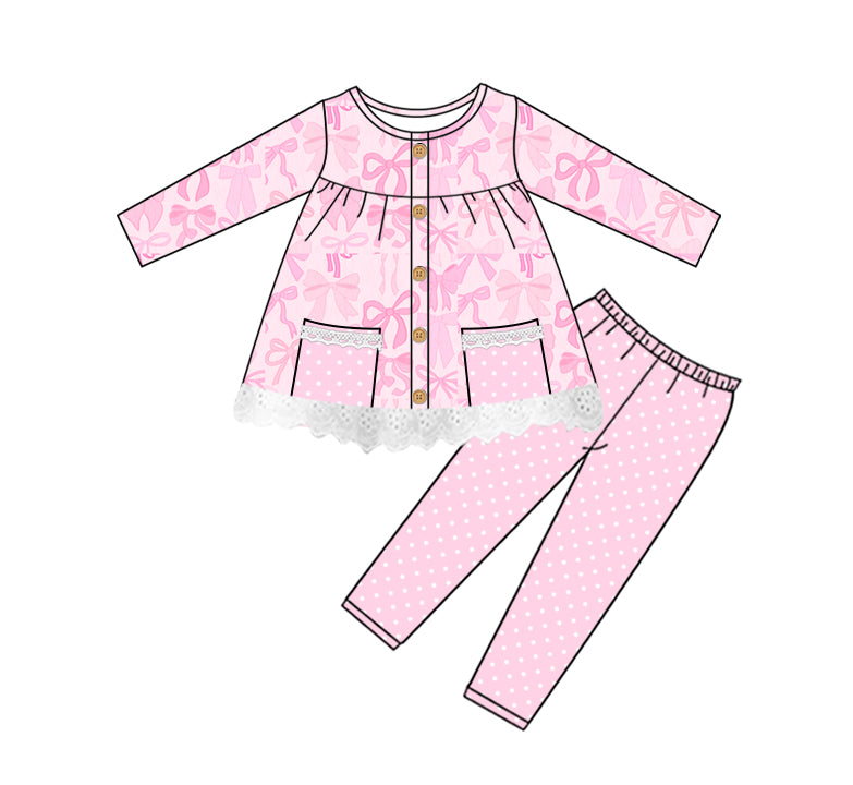 GLP2723  Pink long-sleeved trouser suit with bow pattern lace and polka dot pockets D 930