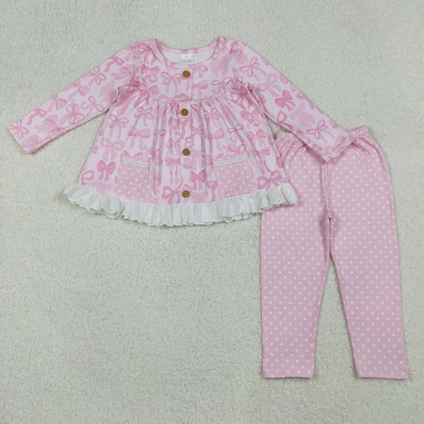 GLP2723  Pink long-sleeved trouser suit with bow pattern lace and polka dot pockets D 930