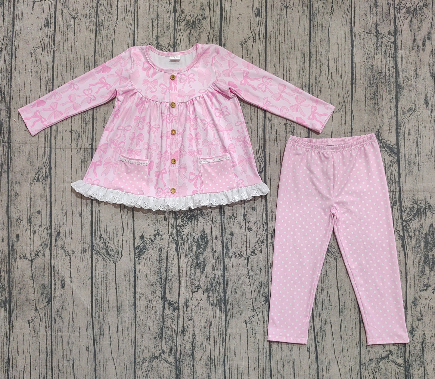 GLP2723  Pink long-sleeved trouser suit with bow pattern lace and polka dot pockets D 930