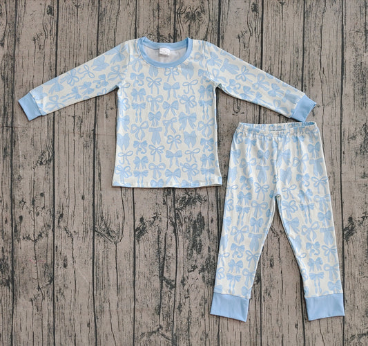 presale GLP2724 Baby Girls Light Blue Bows Plaid Top Pant Pajamas Set D 820