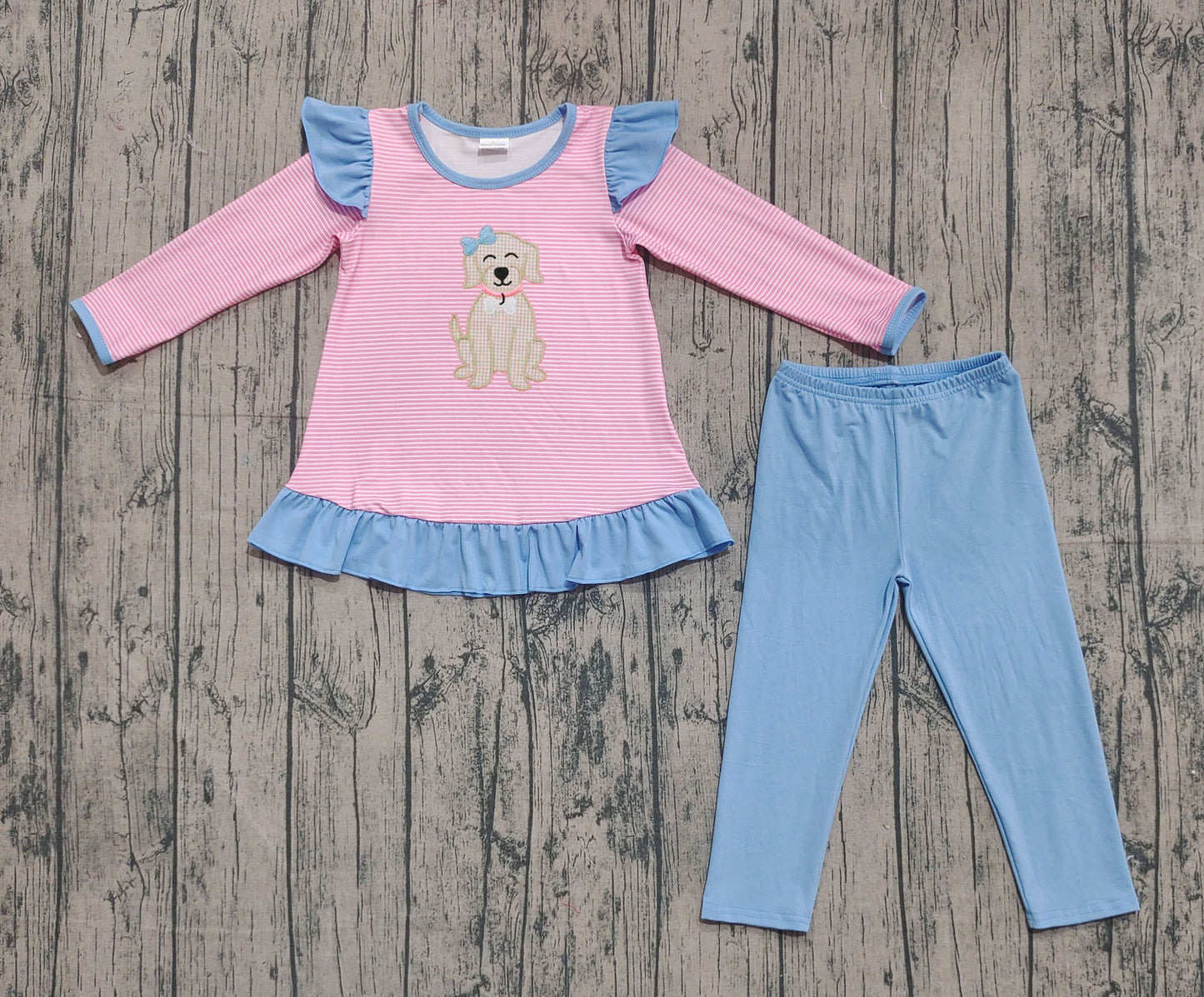 GLP2725 Embroidery Dog Baby Girls Pink Stripe Tunic Blue Leggings Clothes Set D 929