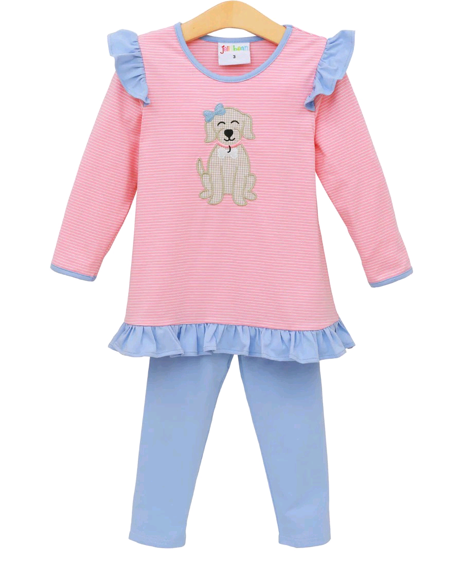 GLP2725 Embroidery Dog Baby Girls Pink Stripe Tunic Blue Leggings Clothes Set D 929