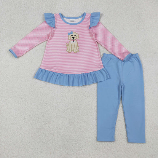 GLP2725 Embroidery Dog Baby Girls Pink Stripe Tunic Blue Leggings Clothes Set D 929