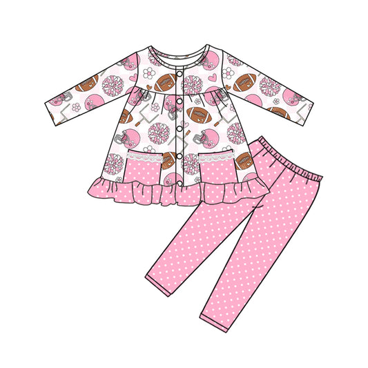 presale GLP2726  Baby Girls Pink Flowers Baseballs Pockets Button Tunic Polka Dots Legging Set  D 820
