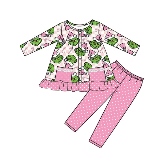 presale GLP2727  Baby Girls Green Face Pockets Button Tunic Polka Dots Legging Christmas Set D 820