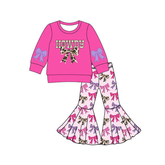 presale GLP2731  Baby Girls Howdy Bows Top Bell Bottom Pant Fall Pajamas Set D 820