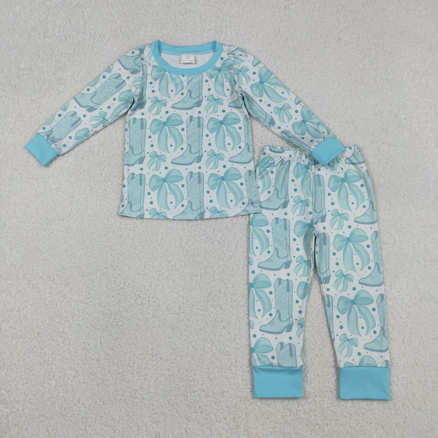 Baby Girls Light Blue Pajamas Set with Bows Boots Top And Pant Western Style Sleepwear for Infants