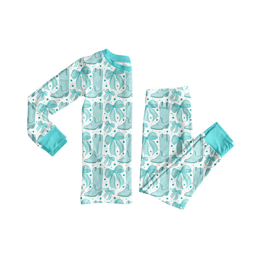 presale GLP2732 Baby Girls Aqua Bows Boots Plaid Top Pant Pajamas Set   D 821