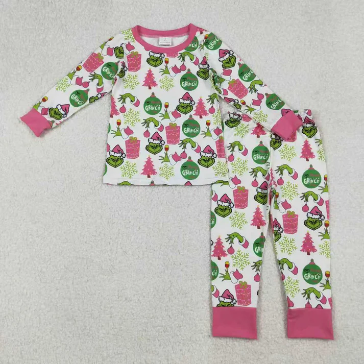 Sibling Baby Girls Green Faces Trees Lights Christmas Ruffle Knee Length Dress Pajamas Sets Footie Rompers   D 926