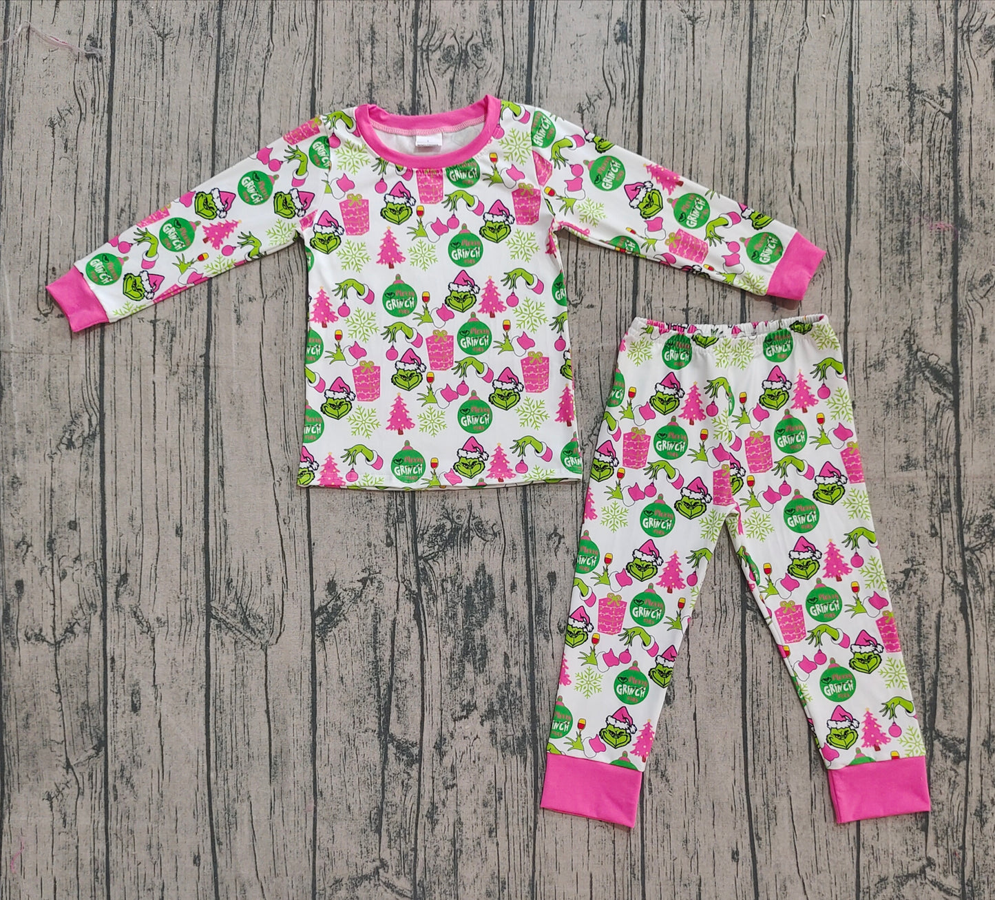 GLP2733 Baby Girls Green Face Gifts Top Pant Christmas Pajamas Set  D 905