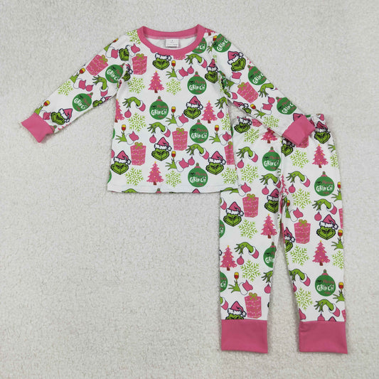 GLP2733 Baby Girls Green Face Gifts Top Pant Christmas Pajamas Set  D 905